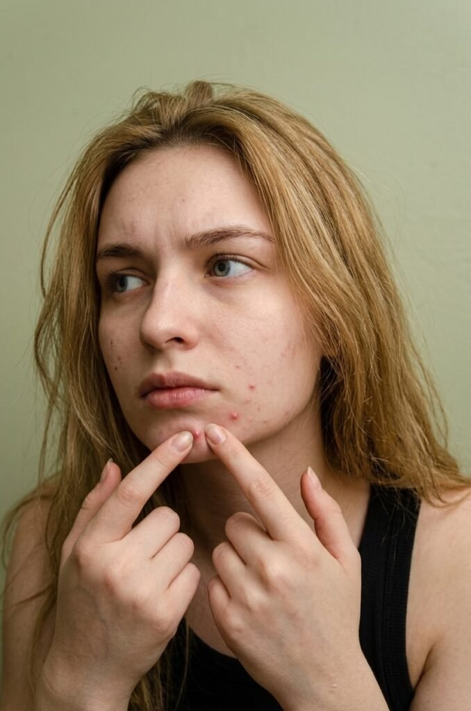 Mujer adulta con acné hormonal en la mandíbula