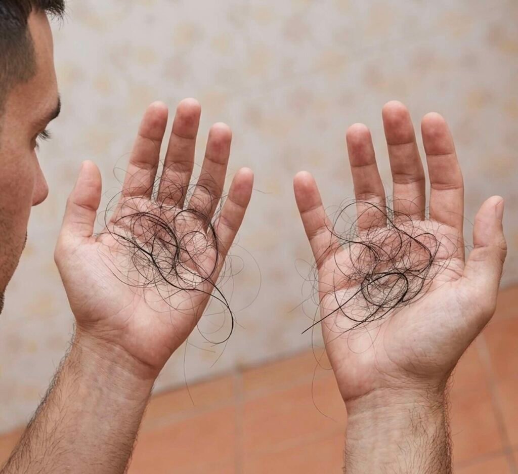 Hombre preocupado revisando la caída de pelo tras empezar minoxidil tópico (shedding inicial)