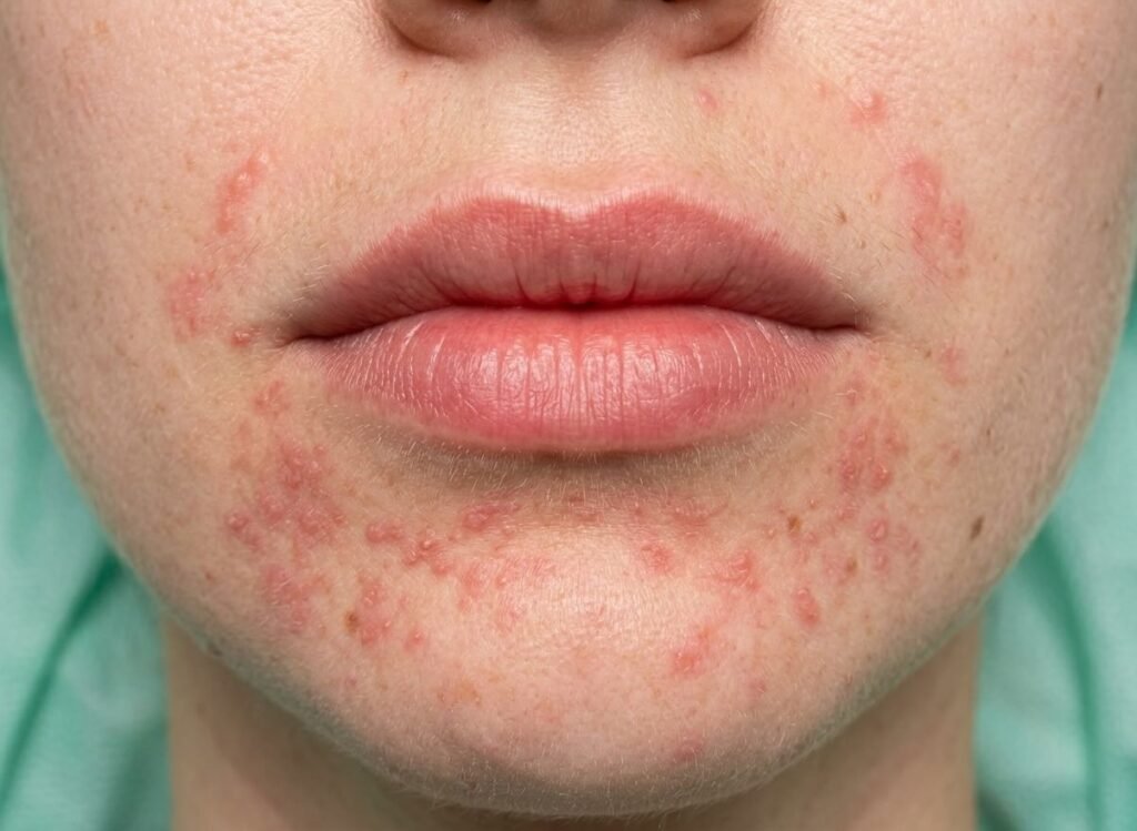 Piel con dermatitis perioral: pequeños granos rojos alrededor de la boca