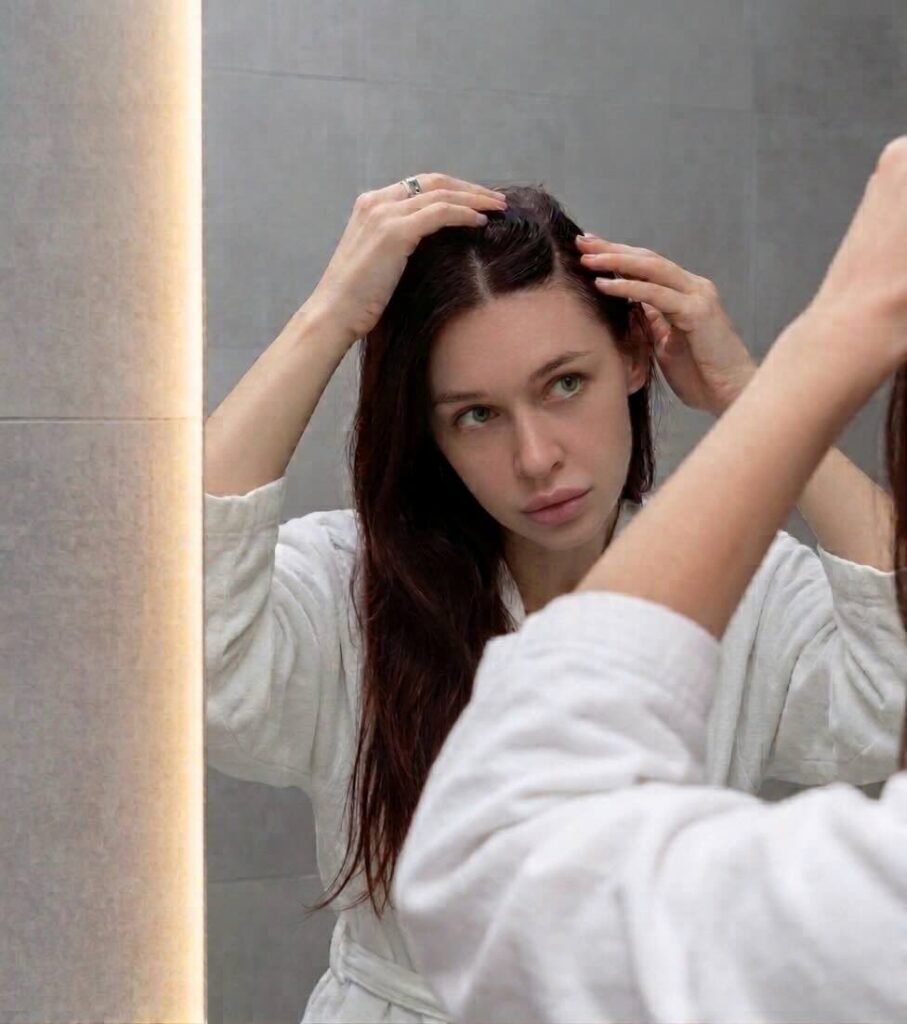 Mujer joven observando su cuero cabelludo frente al espejo, preocupada por la caída de cabello propia de la alopecia androgenética femenina